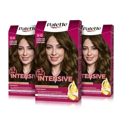 Imagen de PALETTE Intensive Creme color 5 0 Castaño Claro, tinte de pelo permanente con aceite macadamia y almendras, cubre el 100% las canas raíces, para un radiante