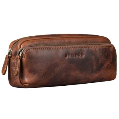 Imagen de STILORD Melissa Estuche grande de piel para lápices, ideal como bolsa organizadora maquillaje auténtica, Sesto Coñac, M