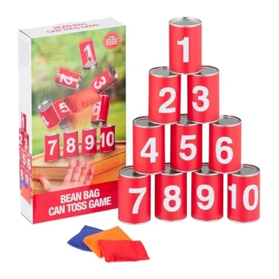 Imagen de Relaxdays Lanzamiento niños Tumba Latas con Números, Infantil, Derriba la Torre para Jardín, 10 Piezas y 3 Sacos, Juego de Puntería, Rojo, Hierro, 9 x 5,5 cm