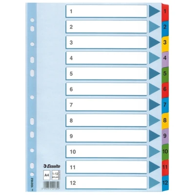 Imagen de Esselte Índices Numéricos de Cartón Mylar, Tamaño A4, Tipo 1 12, Multicolor, 100162