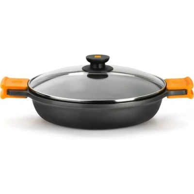 Imagen de BRA Cacerola Baja con Tapa de Cristal y Asas Silicona, Aluminio Fundido, Negro, 28 cm
