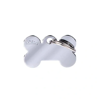 Imagen de My Family Placa de identificación Personalizado para Perro Made in Italy, Hueso pequeño en latón Cromado, Grabada Gratis, Aluminio, Colección Basic, 30x19 mm