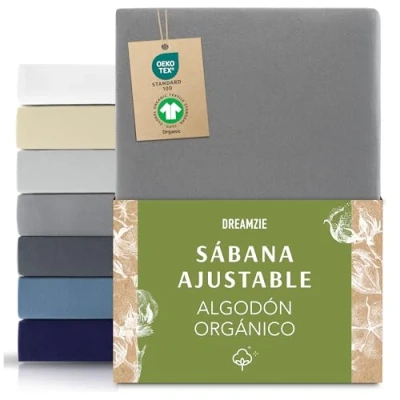Imagen de Dreamzie Premium Sabanas 80x200 cm, Sabana Bajera cm Ajustable Algodon Orgánico, 150 g/m² Antracita Certificada sin Productos Químicos (Oeko Tex)