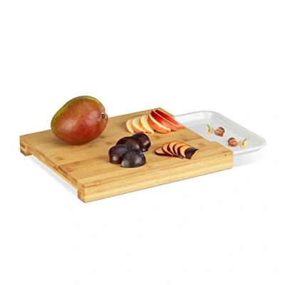Imagen de Relaxdays Tabla de Cortar Cocina, Bandeja Extraíble para Picar, Desayuno, Servir, Bambú, 3 x 30 25 cm, Marrón y Blanco