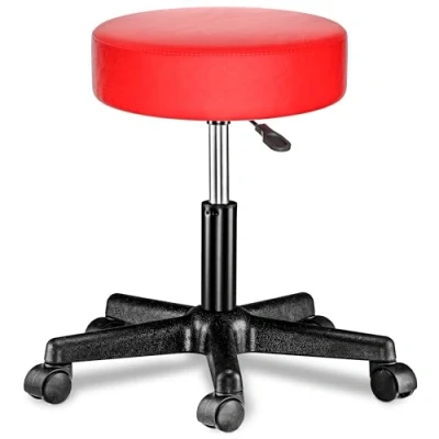 Imagen de CASARIA® Taburete Ruedas Altura Regulable 46 60cm Giratorio 360 Acolchado 10cm Redondo Ø 35cm Rojo