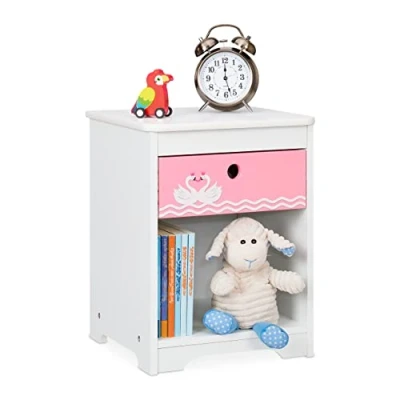 Imagen de Relaxdays Mesita Infantil Cisnes, Cajón, Compartimento, Cajonera Noche Dormitorio Niños, 41x32x31cm, Blanco y Rosa, Tablero de Fibras, 41 x 32 31 cm Aprox