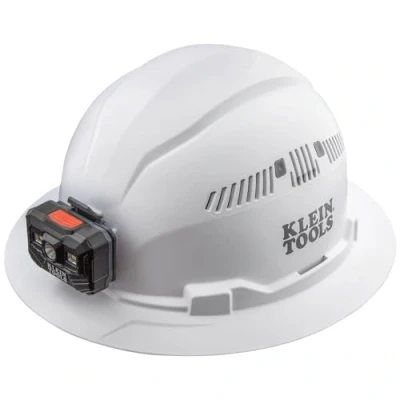 Imagen de Klein Tools 60407RL Casco Duro, Linterna Frontal Recargable, ventilado, Estilo de ala Completa, Banda Acolchada Que Absorbe el Sudor, Resistente al Olor, Color Blanco