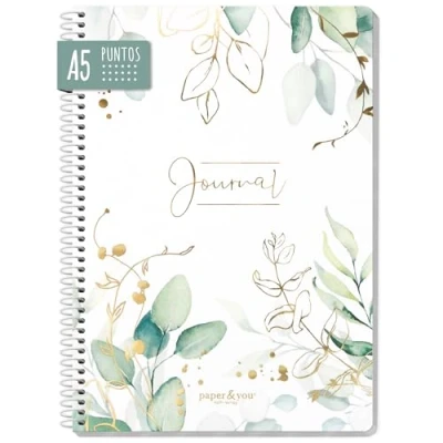 Imagen de paper&amp;you® Bullet Journal punteado A5 con encuadernación en espiral &quot;hojas de oro&quot; 160 páginas, cuaderno espiral, bloc notas sostenible y respetuoso el clima