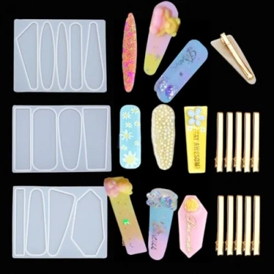 Imagen de iSuperb 3 piezas Moldes Resina Epoxi Pasador de Pelo Silicona Hairpin Resin Molds DIY Joyería Contiene 10 Accesorios (Transparent)