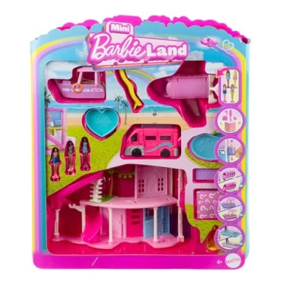 Imagen de Barbie Mini Barbieland Dreamhouse y 3 vehículos, Set de Juego con casa muñecas, Figuras, Dreamcamper, Barco, avión Accesorios, Juguete Regalo para niños niñas +4 años, JDB86
