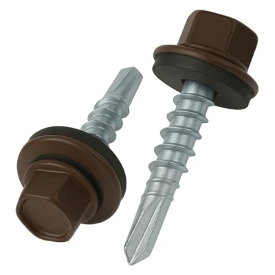 Imagen de 4.8 mm x 35 Tornillos para techos, cabeza hexagonal, autoperforantes, color (RAL 8017 Chocolate) con arandela de sellado, Tornillo endurecido chapado en zinc a prueba óxido (50 pcs)