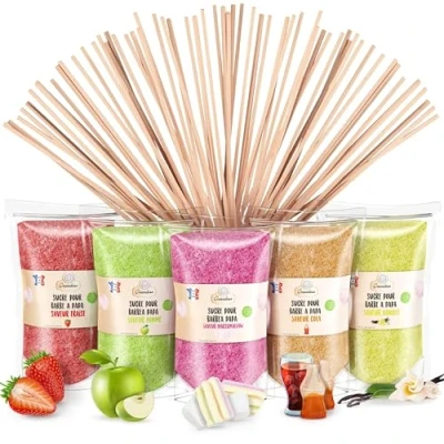 Imagen de GREENDOSO® Azúcar para Algodón de (5x300gr) Lote 5 Sabores (Fresa/Cola/Manzana/Malvavisco/Vainilla) y Colorantes Naturales 50 Palitos