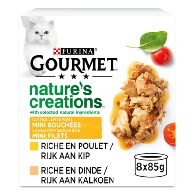 Imagen de GOURMET Nature&#039;s Creations, Gato, Mini bocados, Pollo guarnición de Espinacas y Tomates, Pavo Relleno chirivías, 8 x 85 g, Lote 12