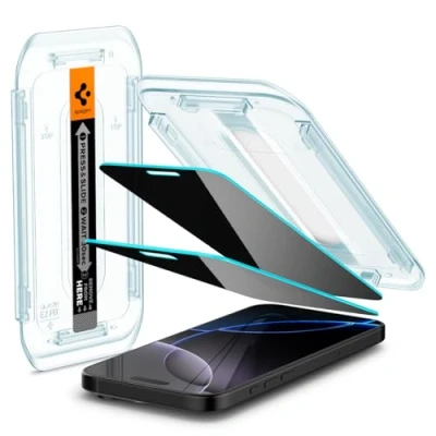 Imagen de Spigen Glas.TR EZ Fit Filtro Privacidad Protector Pantalla para iPhone 16 Pro MAX, 2 Unidades, Antiespía, Instalación Fácil, Compatible con Funda, Dureza 9H