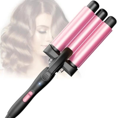 Imagen de Lockenstab 3 Fässer Beach Waves Welleneisen Einstellbar Schnell Eerhitzendes für Langes Kurzes Haar, Rosa