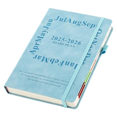 Imagen de agenda académica 2025 2026, página por día, A5, de medio año, 2025/26, día página, diaria y mensual julio a junio 2026 (azul)