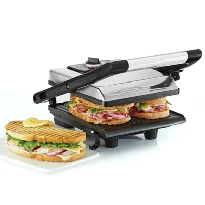 Imagen de BELLA Sandwichera, Prensa para Paninis y Grill Eléctrico con Placas Dobles Antiadherentes, Tapa Regulable en Altura Bandeja Recogegotas Extraíble, Acero Inoxidable, 1400 Vatios