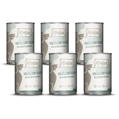 Imagen de MjAMjAM comida húmeda premium para perros excelente ternera con calabacín al vapor, pack de 6 (6 x 400 g), sin cereales extra carne