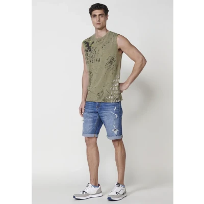 Imagen de Camiseta sin Mangas de Algodón con Cuello Redondo y Estampado Delantero en la Espalda Color Kaki para Hombre