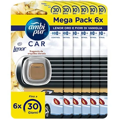 Imagen de Ambi Pur Ambientador para coche, 6 ambientadores fragancia dorada y flores de vainilla, elimina olores, fácil enganchar, hasta 30 días perfume desodorante, desechable
