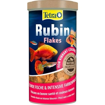 Imagen de Tetra Rubin Flakes alimento para peces en forma de copos con potenciadores naturales del color, favorece la coloración intensiva los peces, lata 1 L
