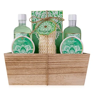 Imagen de Accentra set de ducha regalo para mujer ALOE VERA en una cesta madera cuidado 6 piezas con gel ducha, baño burbujas, sal baño, loción corporal y más bienestar