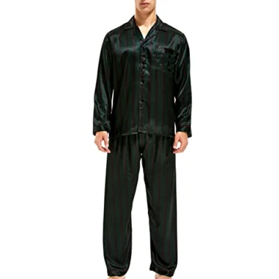 Imagen de Conjunto de Pijama satén para Hombre, Manga Larga, Ropa Dormir, Verde Vino Rojo Rayas, XXL