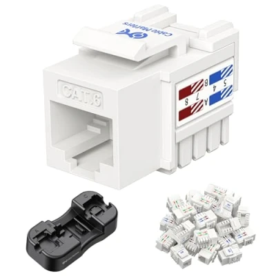 Imagen de Cable Matters [UL Listed] 25 Paquetes de Cat 6 RJ45 Keystone Jack (Conector Cat6, Módulo RJ45) en Blanco y Punch Down Stand