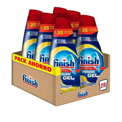 Imagen de Finish All in 1 Max Power Gel Limón Desengrasante Detergente para el Lavavajilla, 6 unidades 210 lavados