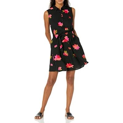 Imagen de Amazon Essentials Vestido Camisero Tejido sin Mangas Mujer, Negro Rosa Flores, M