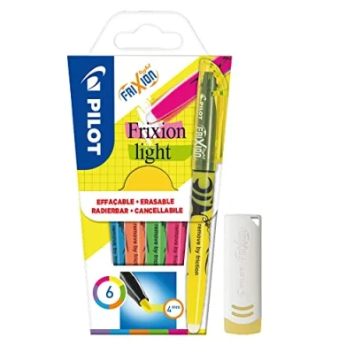 Imagen de Pilot 4136S6 FriXion Light Rotuladores fluorescentes, 6 unidades, color rosa, naranja, amarillo, verde, azul y morado, con goma de borrar.