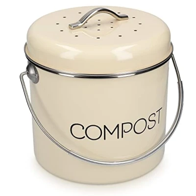 Imagen de Navaris Cubo de Metal para Compost Contenedor Basura orgánica con Tapa y 3X Filtro 19 x 20 CM Compostera Vintage Cocina 3 L Cap.