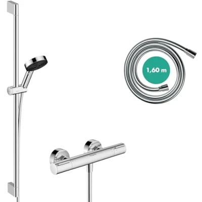 Imagen de hansgrohe Pulsify Select S, set de ducha ahorro agua con termostato para Ecostat Element, mano 8,2 l/min (EcoSmart), barra 90cm, flexo, soporte, cromo, 24271000