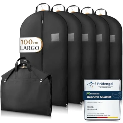 Imagen de Bruce.® 5x Fundas Ropa Armario 100x60cm, Antipolillas Bolsa Almacenaje con 120 GSM, Porta trajes Caballero o Mujer para Viaje, Bolsas Guardar Colgada Cremallera
