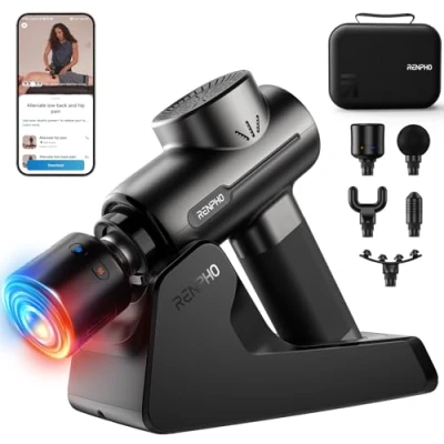 Imagen de RENPHO Pistola de Masaje con Calor y Frío, Massage Gun Función Bluetooth Estación Carga, Masajeadora Tejido Profundo Muscular Percusión Portátil, Active+ Thermacool Deluxe