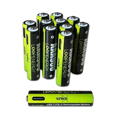 Imagen de VERICO LoopEnergy AAA 900 Wiederaufladbare USB C Batterie 1,5V 900mWh (600mAh) Li Ion, Schnellladung Via Anschluss in ca. 2 Stunden, 12er Pack AAA, 3 Stück Kabel A auf 4 x