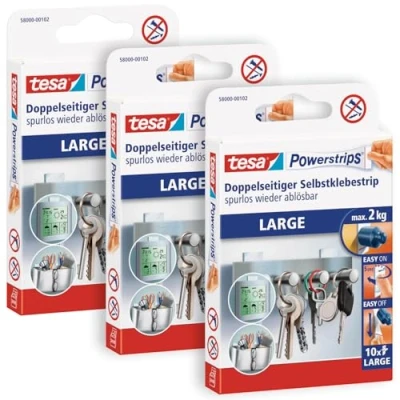Imagen de tesa 58000 Lote de 3 tiras adhesivas doble cara para montaje objetos en superficies lisas, capacidad sujeción hasta 2 kg, 30 potencia, transparente