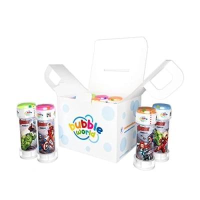 Imagen de Bubble World Avengers Party Pack 12 Tubos de Burbujas 60ml Monocolor y soplador Integrado Fiestas cumpleaños Made in Italy