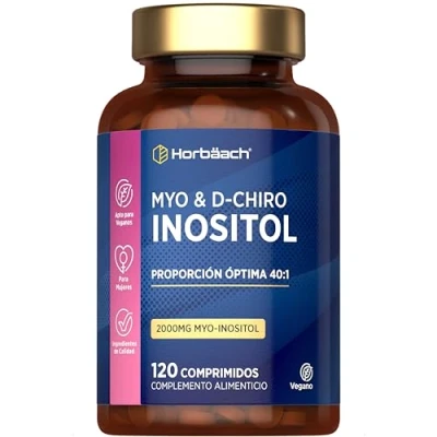 Imagen de Inositol Myo &amp; D Chiro 40 1 2000mg por Dosis Diaria de Vitamina B8 PCOS 120 Comprimidos Veganos Horbaach