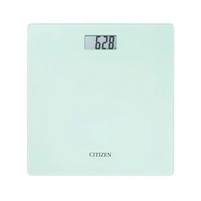Imagen de Báscula digital blanca/negra HMS324 de CITIZEN. Comparador resultados medidas anteriores, diseño estilizado con tecnología Step On, pantalla LCD y cristal alta resistencia.