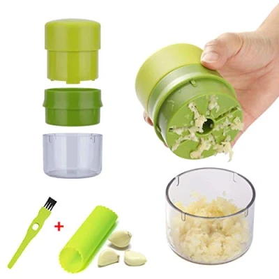Imagen de HOTLIKE Prensa Ajos, Juego de 3Pcs Ajo con Pelador Silicona y Cepillo Limpiador, Chopper Ajo, Mincer Press Presador Triturador Nogal, Jengibre, Utensilio Cocina (Verde)