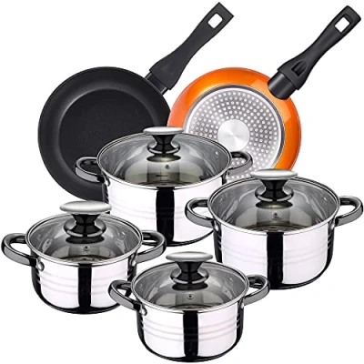 Imagen de San Ignacio Bateria de cocina 8 piezas apta para induccion Hita en acero inoxidable con juego sartenes Neon (20,24 cm) aluminio forjado aptas induccion, PK3230