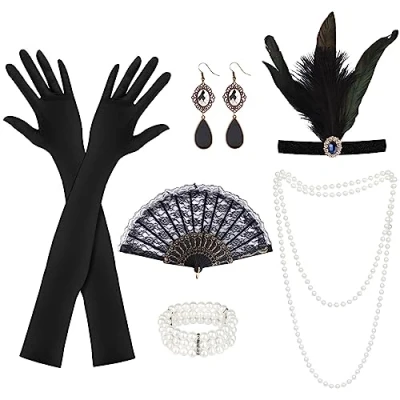 Imagen de KEWUZY Accesorios Años 20 Mujer 6pcs, 1920s Set de Accesorios, Charleston para Mujer, Great Gatsby con Flapper Headband y Abanico Mascarada Halloween Navidad