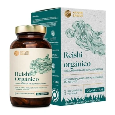 Imagen de Nature Basics® BIO cápsulas DE Reishi con 40% polisacáridos bioactivos 120 certificadas y sostenibles en un frasco 500mg por cápsula testado laboratorio, vegano,