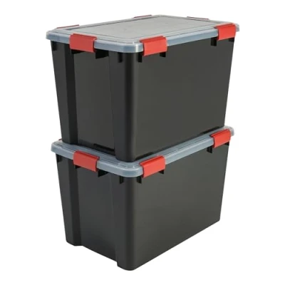 Imagen de Iris Ohyama 2 Cajas herméticas de plástico con tapa y cierres a presión, 70L, Negro, sello impermeable, apilables, antipolvo, para ropas, camping, exteriores, cubo almacenaje, box, AT LD