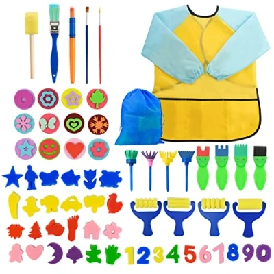 Imagen de Surplex 65 Piezas Niños Temprano Aprendizaje Esponja Pintura Cepillos Kit, para DIY Artesanías, Incluye Pinceles de Esponja, Craft y Delantal Impermeable con 3 Bolsillos