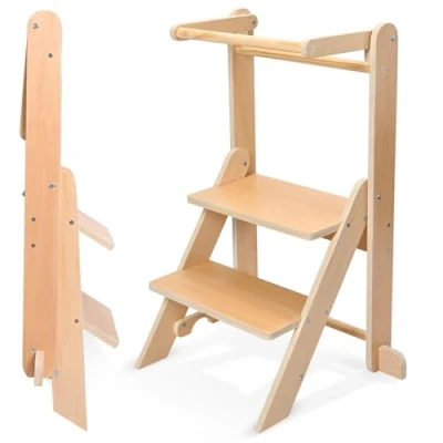 Imagen de Helangel Folding Learning Tower, Torre Montessori Plegable de 1 a 3 años Old Observation Tower for Children Natural Wood Kitchen Helper Safety Easy to Montaje