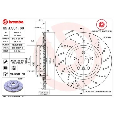 Imagen de BREMBO 09.D901.33 disco de freno 370 24 5 perforado/ventil. int., dos piezas revestido altamente carbonizado con tornillos