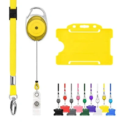 Imagen de LanyardsTomorrow cordón retráctil y soporte de insignia, paquete triple trío un solo liso, mosquetón extensible para tarjeta identificación rígida., color amarillo