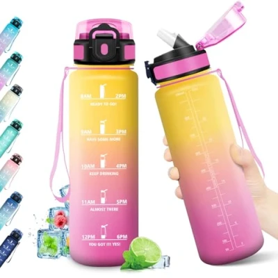 Imagen de Cantimplora 1L, Botella de Agua con Pajita, Garrafa Marca Tiempo, Gym sin BPA, Reutilizable, Motivacional para Niños, Adultos, Running, Deporte, Bicicleta, Oficina,
